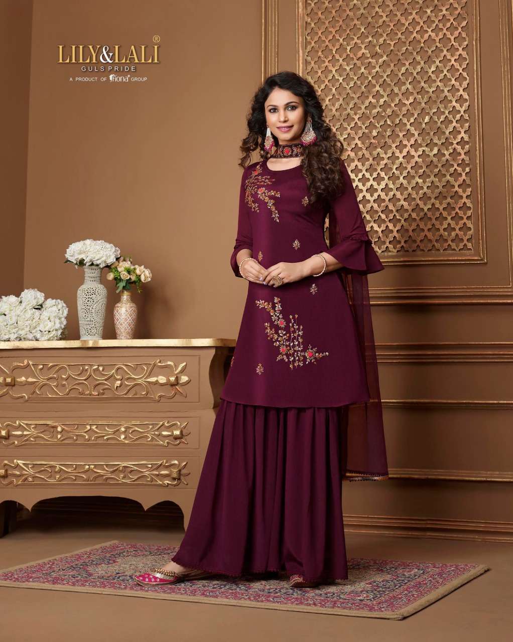Lily & Lali-Glorious-Handwork-Chinnon-Kurti-Gharara-Organza-Dupatta-8072